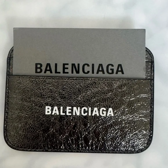 BALENCIAGA LOGO Metallic Silver Leather Credit Card Cash Cardholder Wallet NEW - Picture 6 of 14